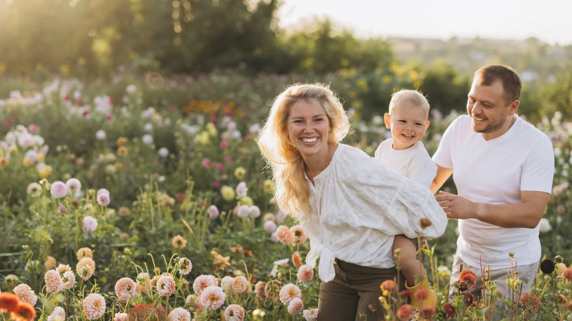 A family together outdoors on a summer evening